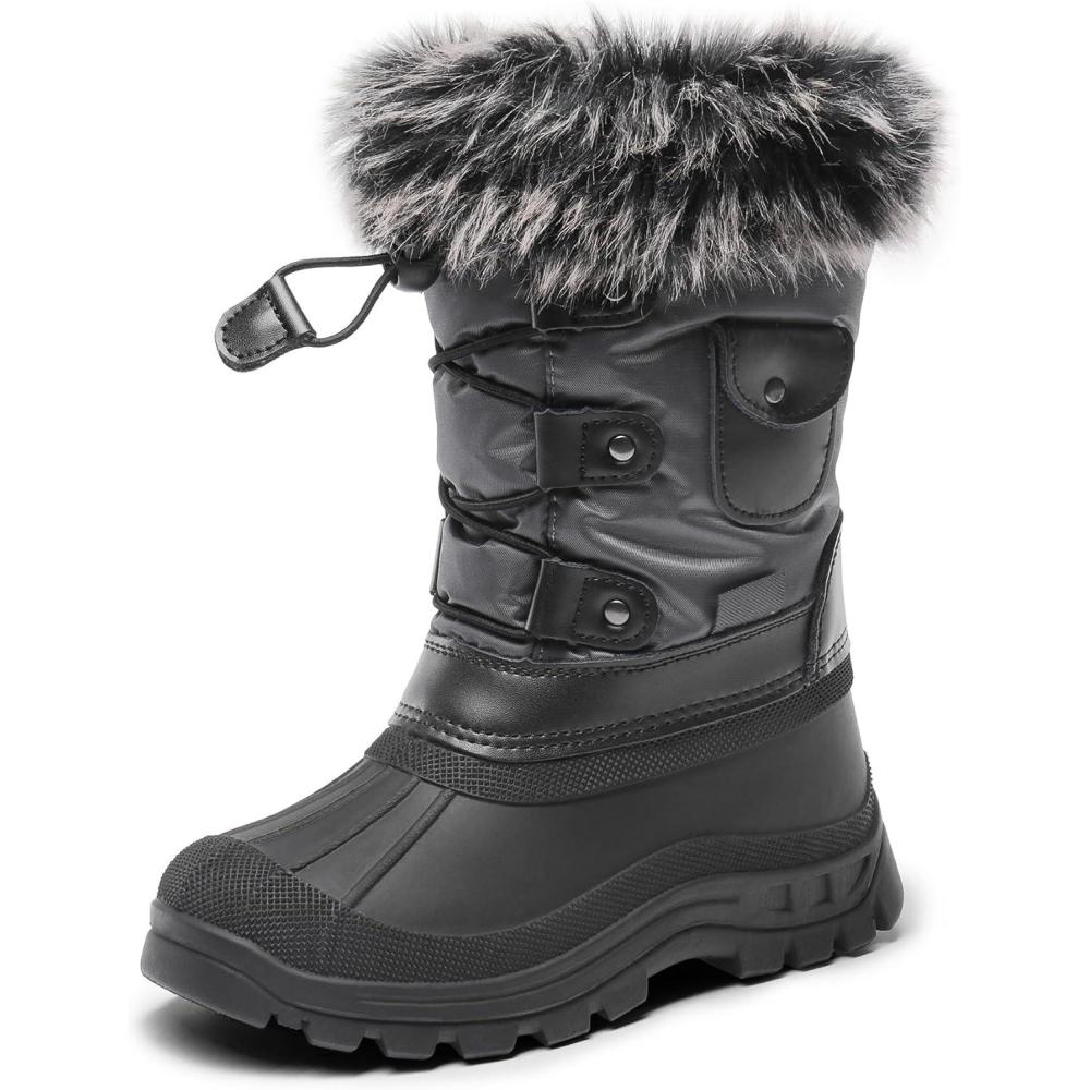 imageDREAM PAIRS Boys Girls Snow Boots WaterResistant Outdoor Warm Cozy AntiSlip Mid Calf Faux Fur Lining Insulated Winter Shoes for LittleBig KidsGreyBlack