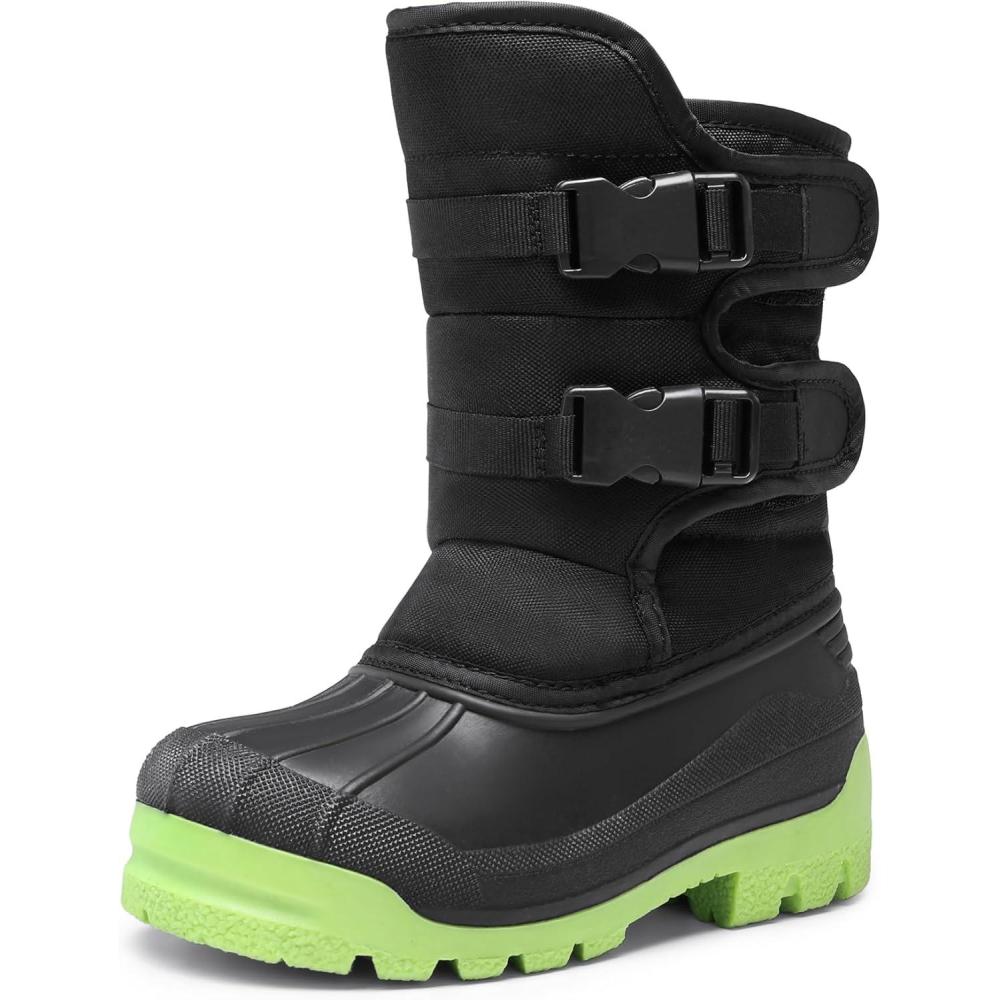 imageDREAM PAIRS Boys Snow Boots Bright Colored Outsole Hook and Loop Slip Resistant Mid Calf Faux Fur Lining Winter Shoes for LittleBig KidsBlackNeon Green