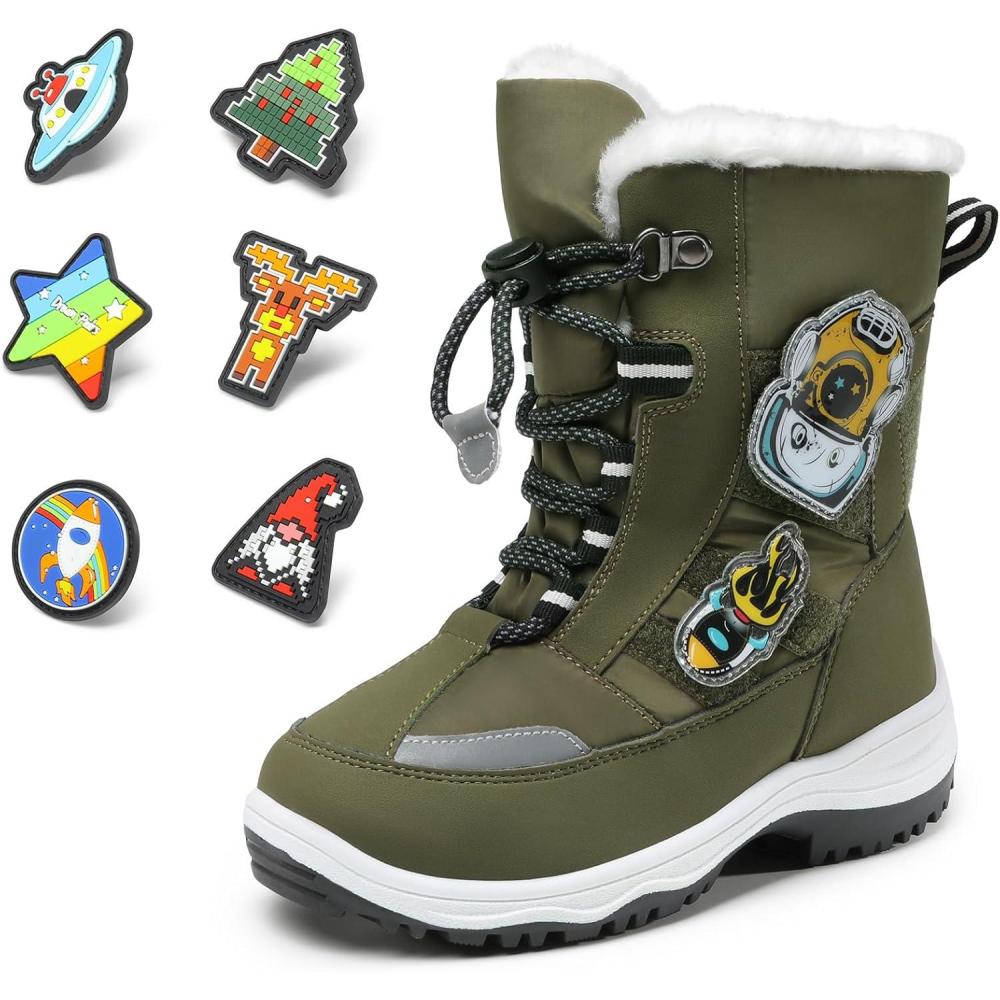 imageDREAM PAIRS Boys Toddler Snow Boots Interchangeable Accessories Slip Resistant Faux Fur Lined Mid Calf Little Kids Winter ShoesOlive Green