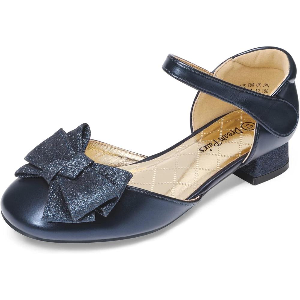 imageDREAM PAIRS Girls Dress Shoes Closed Toe Low Heels Ankle Strap Bow Ballet Wedding Party Sandals Princess Flower ShoesNavy