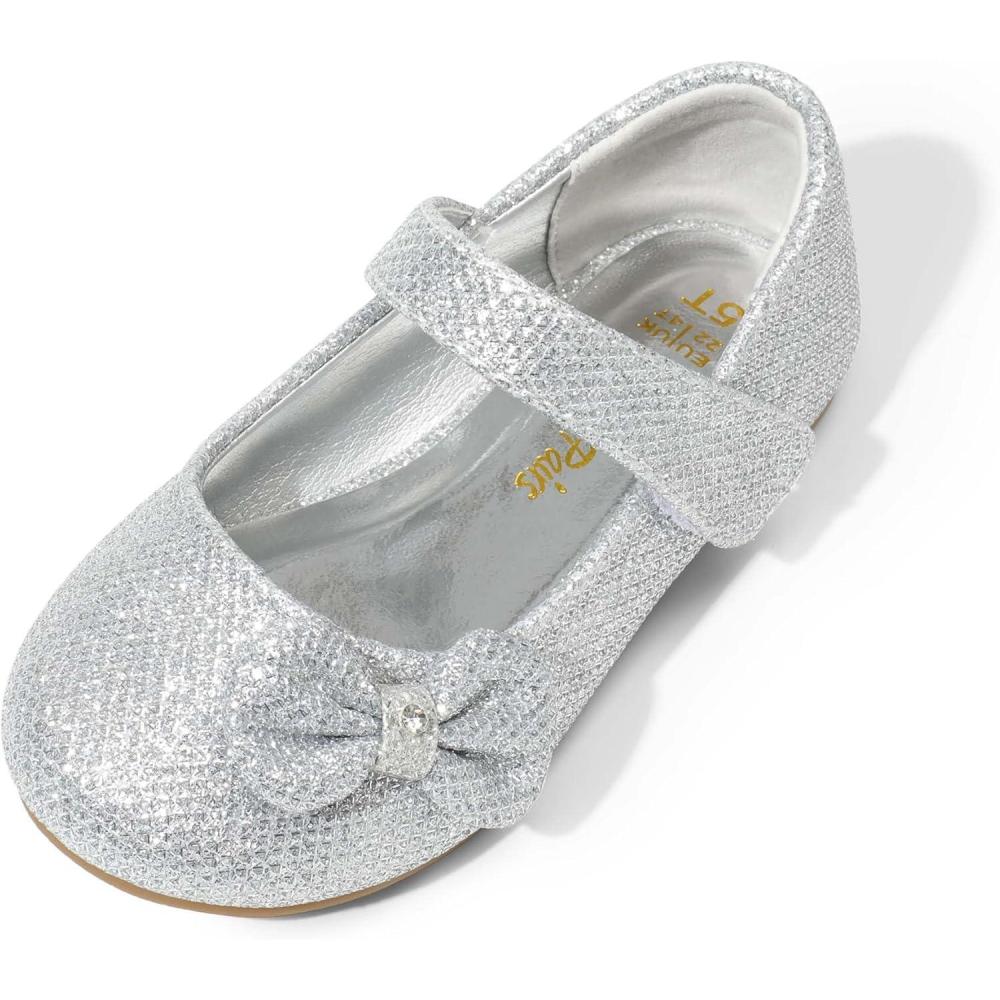 imageDREAM PAIRS Toddler Girls Dress Shoes Mary Jane Flats Girls School Uniform Flats Bow Ballerina ShoesSilverGlitter