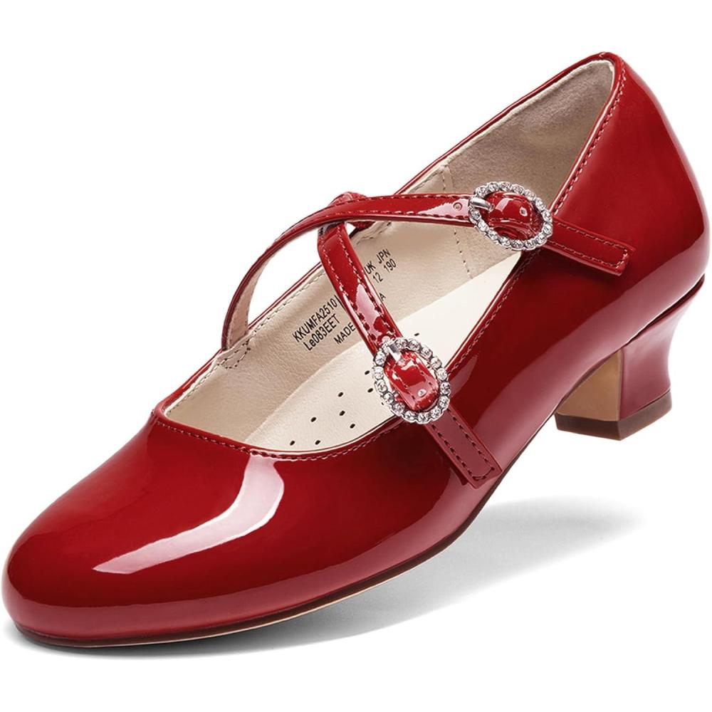 imageDream Pairs Girls Dress Shoes Mary Jane High Heel Round Toe Straps Pumps Flower Wedding Party Princess Flats for LittleBig KidsRed