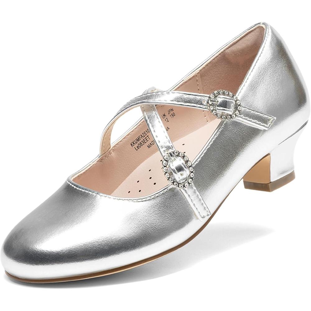 imageDream Pairs Girls Dress Shoes Mary Jane High Heel Round Toe Straps Pumps Flower Wedding Party Princess Flats for LittleBig KidsSilver
