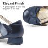 DREAM PAIRS Girls Dress Shoes Closed Toe Low Heels Ankle Strap Bow Ballet Wedding Party Sandals Princess Flower Shoes(Navy)
