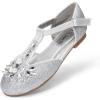 DREAM PAIRS Girls Mary Jane Dress Shoes Pearl T-Strap Party Flower Wedding Princess Flats for Toddler Little Big Kid(Silver)