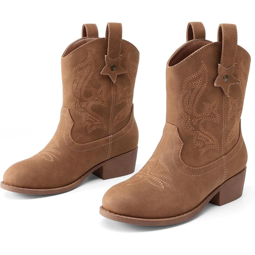 imageDREAM PAIRS Girls Cowgirl Boots Cowboy Boots with Low Heel Western Embroidered Fashion Mid Calf Shoes for ToddlerLittle KidBig KidCamel