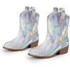 DREAM PAIRS Girls Cowgirl Boots Cowboy Boots with Low Heel Western Embroidered Fashion Mid Calf Shoes for Toddler/Little Kid/Big Kid(Silver)