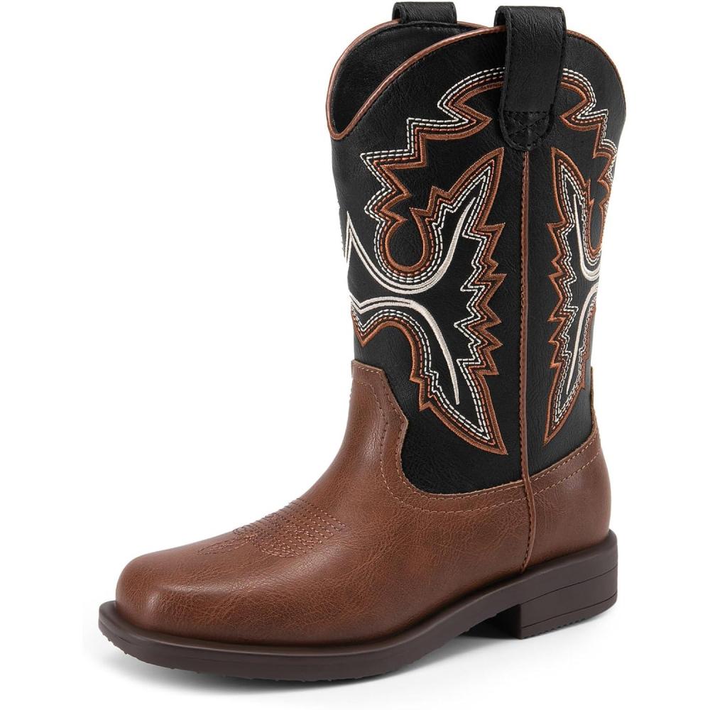 imageDREAM PAIRS Boys Girls Cowboy Boots Toddler Mid Calf Western Boots Square Toe Riding Boots for KidsBlackBrown