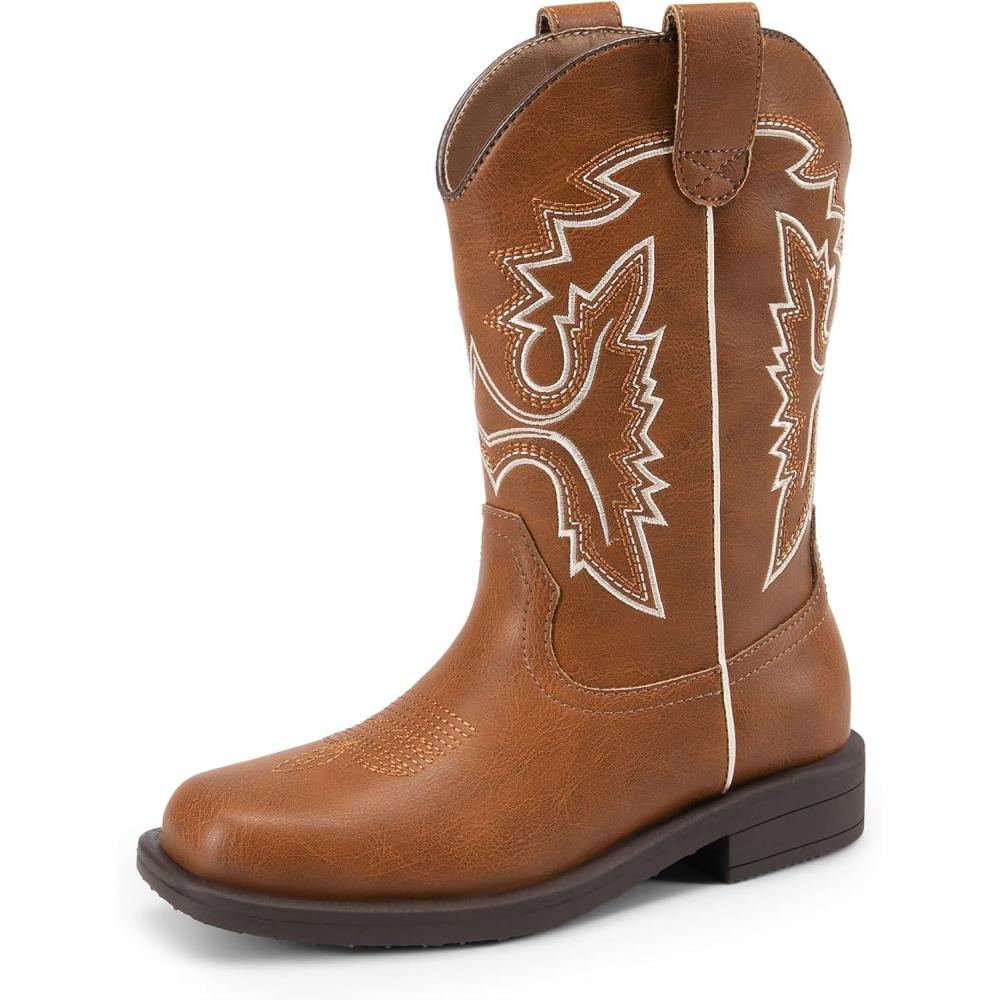 imageDREAM PAIRS Boys Girls Cowboy Boots Toddler Mid Calf Western Boots Square Toe Riding Boots for KidsBrown