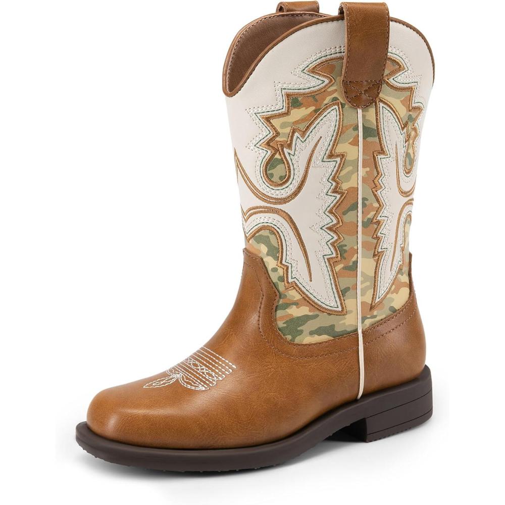 imageDREAM PAIRS Boys Girls Cowboy Boots Toddler Mid Calf Western Boots Square Toe Riding Boots for KidsCamelCamo