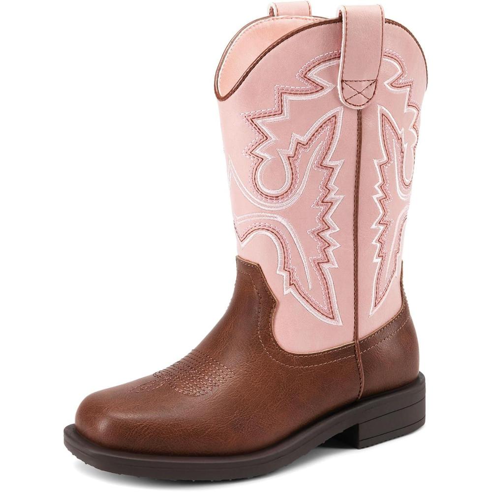 imageDREAM PAIRS Boys Girls Cowboy Boots Toddler Mid Calf Western Boots Square Toe Riding Boots for KidsPinkBrown