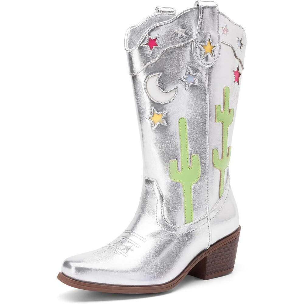 imageDREAM PAIRS Girls Cowboy Boots Cowgirl Mid Calf Western Boots with Low Heel Square Toe for Little KidBig KidSilver