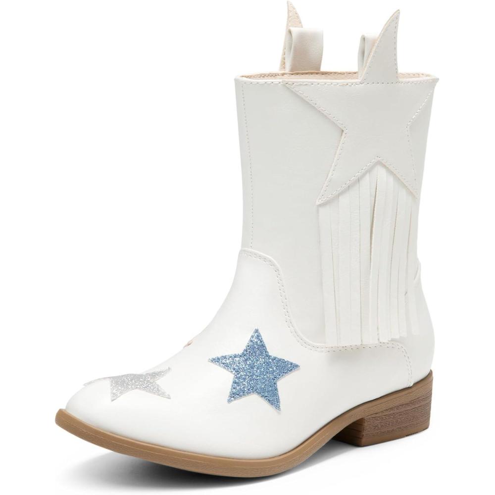 imageDREAM PAIRS Girls Cowgirl Cowboy Western Mid Calf Tassel BootsWhite