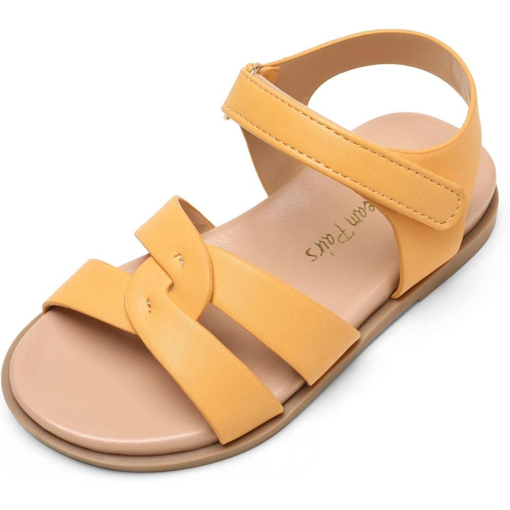 imageDREAM PAIRS Girls Sandals Open Toe Princess Flat Sandals Strappy Summer Shoes ToddlerLittle KidYellowPu