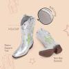 DREAM PAIRS Girls Cowboy Boots Cowgirl Mid Calf Western Boots with Low Heel Square Toe for Little Kid/Big Kid(Silver)