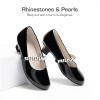 DREAM PAIRS Girls Dress Shoes Low Heels for Little Big Girl Mary Jane Shoes with Pearl Rhinestones Flower Girl Pumps Princess Wedding Party(Black-pat)