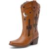 DREAM PAIRS Girls Cowboy Boots Cowgirl Mid Calf Western Boots with Low Heel Square Toe for Little Kid/Big Kid(Brown)