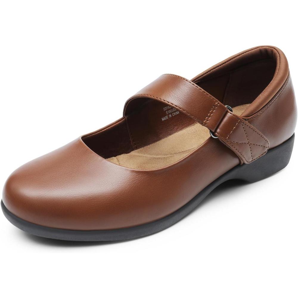 imageDREAM PAIRS Womens Ballet Mary Jane Flats Comfortable Business Office Dress Shoes for Women Dressy and Work with Ankle StrapBrown