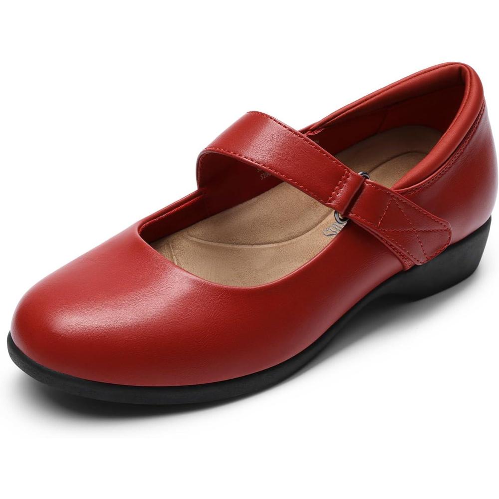 imageDREAM PAIRS Womens Ballet Mary Jane Flats Comfortable Business Office Dress Shoes for Women Dressy and Work with Ankle StrapRed