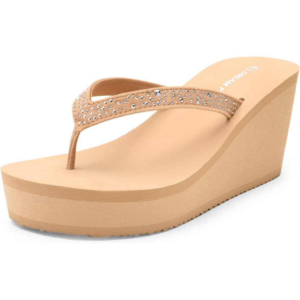 imageDREAM PAIRS Womens Platform Flip Flop Rhinestones Arch Support Comfortable Soft Cushion Wedge Flip Flops Summer Thong SandalsNude