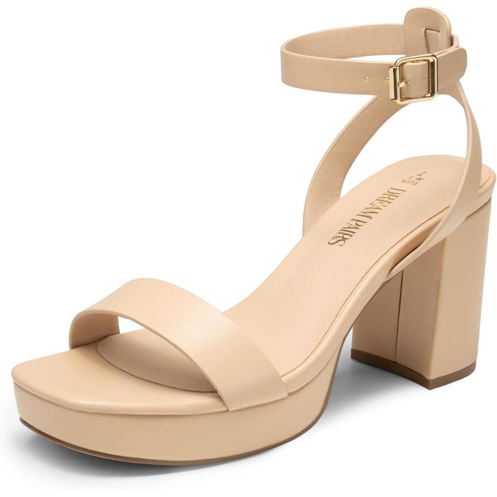 imageDREAM PAIRS Platform Heels for Women High Block Chunky Open Toe Ankle Strap Heels Fashion Wedding Party Evening Prom Dance Dress Pump Sandals ShoesNudepu