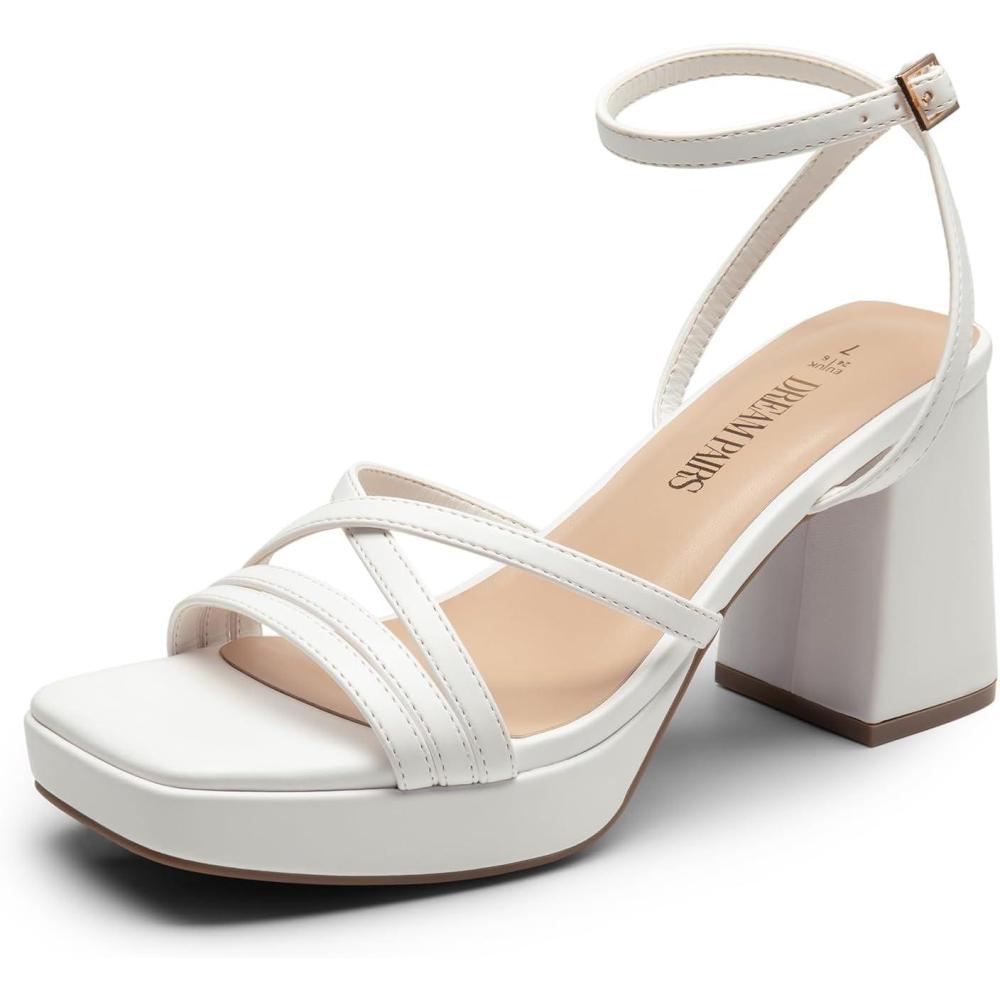 imageDREAM PAIRS Strappy Heels for Women Platform Chunky High 3inch Heeled Sandals with Square Open Toe Ankle Buckle for Graduation Party Prom Daily WeddingWhitepu