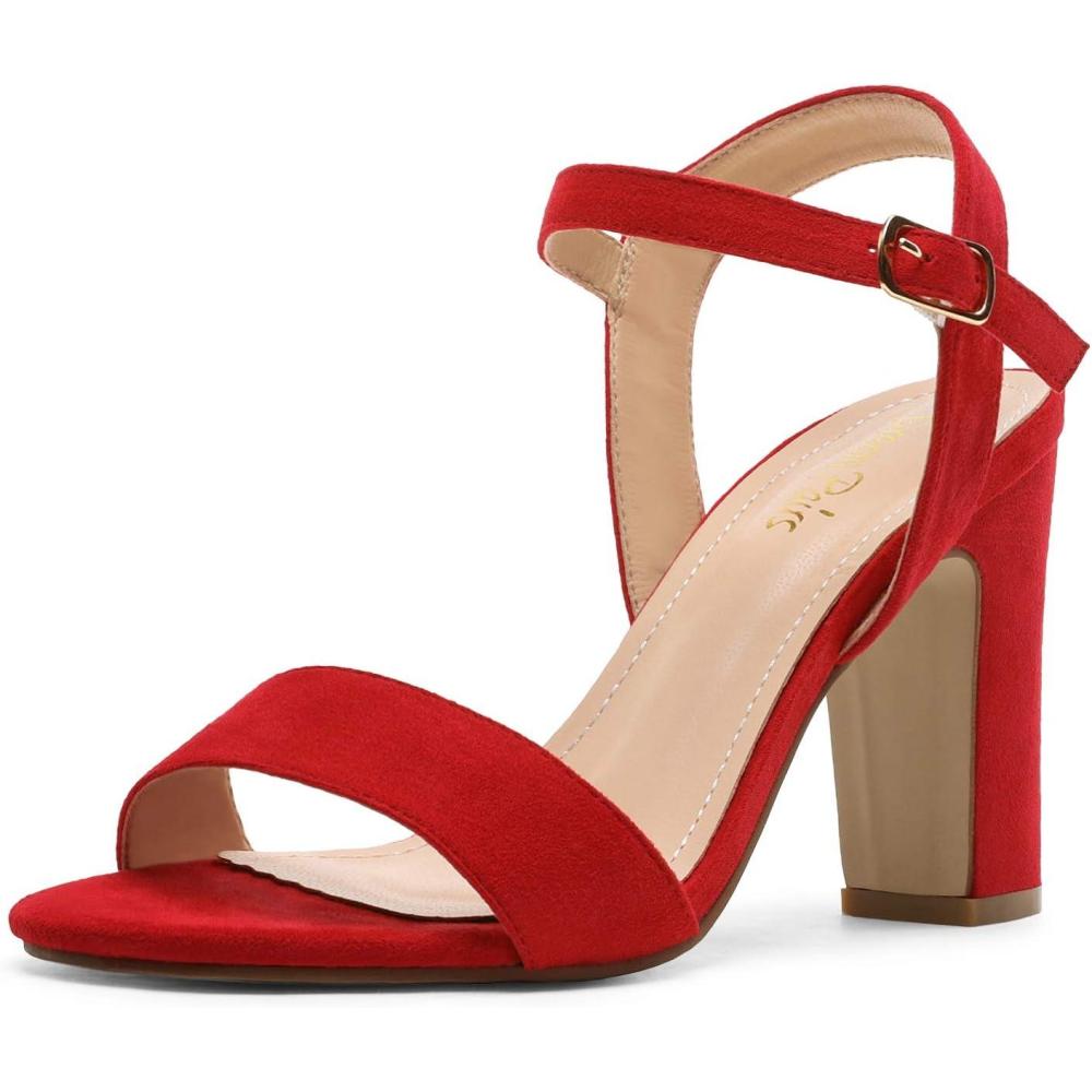 imageDREAM PAIRS Womens Chunky Heels Open Toe Ankle Strap High Block Comfy Dress Heel Sandals Pumps ShoesRedSuede