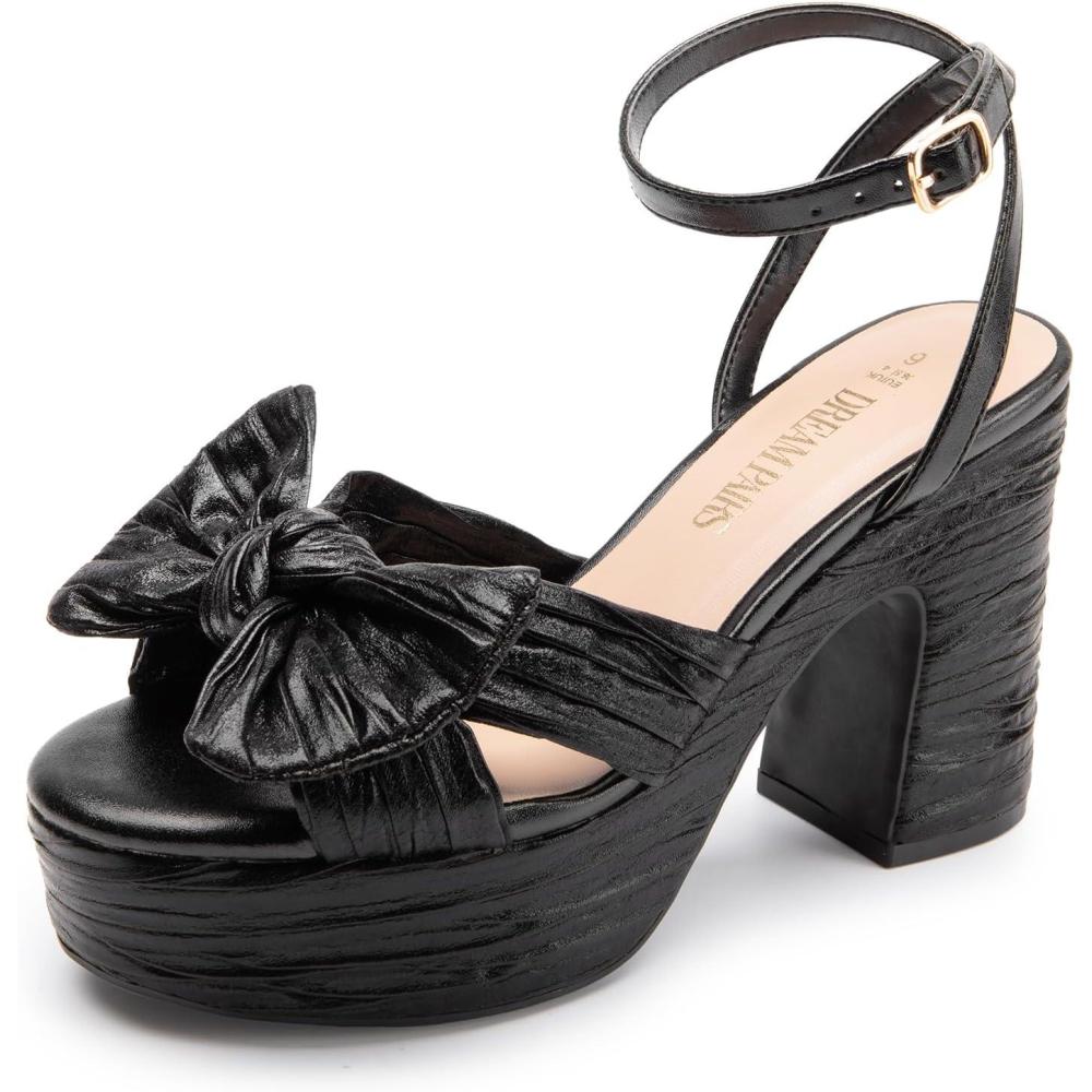 imageDREAM PAIRS Womens Chunky Platform Heels Sandals Pleated Bow Knot Ankle Buckle Strap Heeled Sandals Open Toe Comfortable Wedding Party Dress ShoesBlack