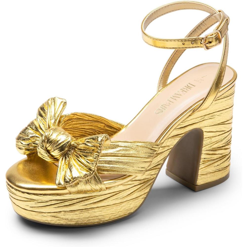 imageDREAM PAIRS Womens Chunky Platform Heels Sandals Pleated Bow Knot Ankle Buckle Strap Heeled Sandals Open Toe Comfortable Wedding Party Dress ShoesGold