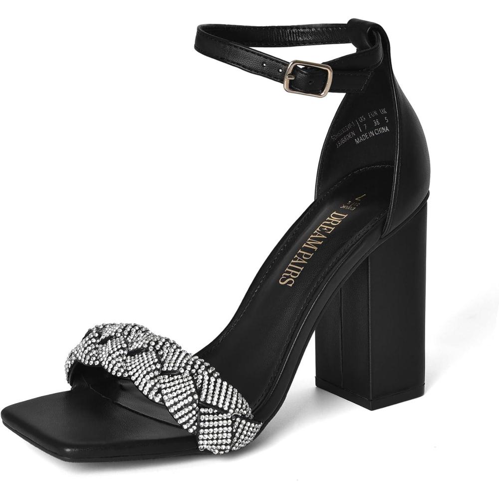 imageDREAM PAIRS Womens Heels for Women Braided Open Toe Ankle Strap High Block Chunky Heel Sandals Party Wedding Dress Pumps ShoesBlackrhinestone