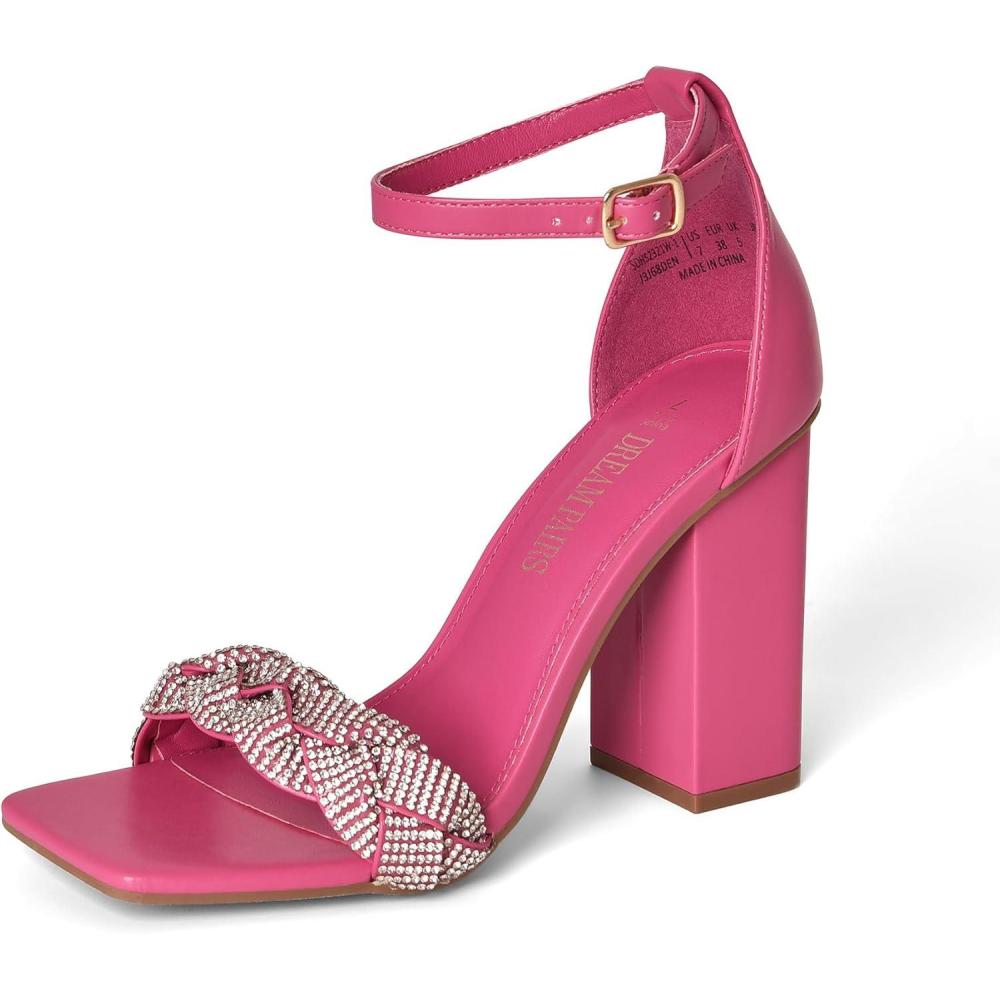 imageDREAM PAIRS Womens Heels for Women Braided Open Toe Ankle Strap High Block Chunky Heel Sandals Party Wedding Dress Pumps ShoesHot Pinkrhinestone