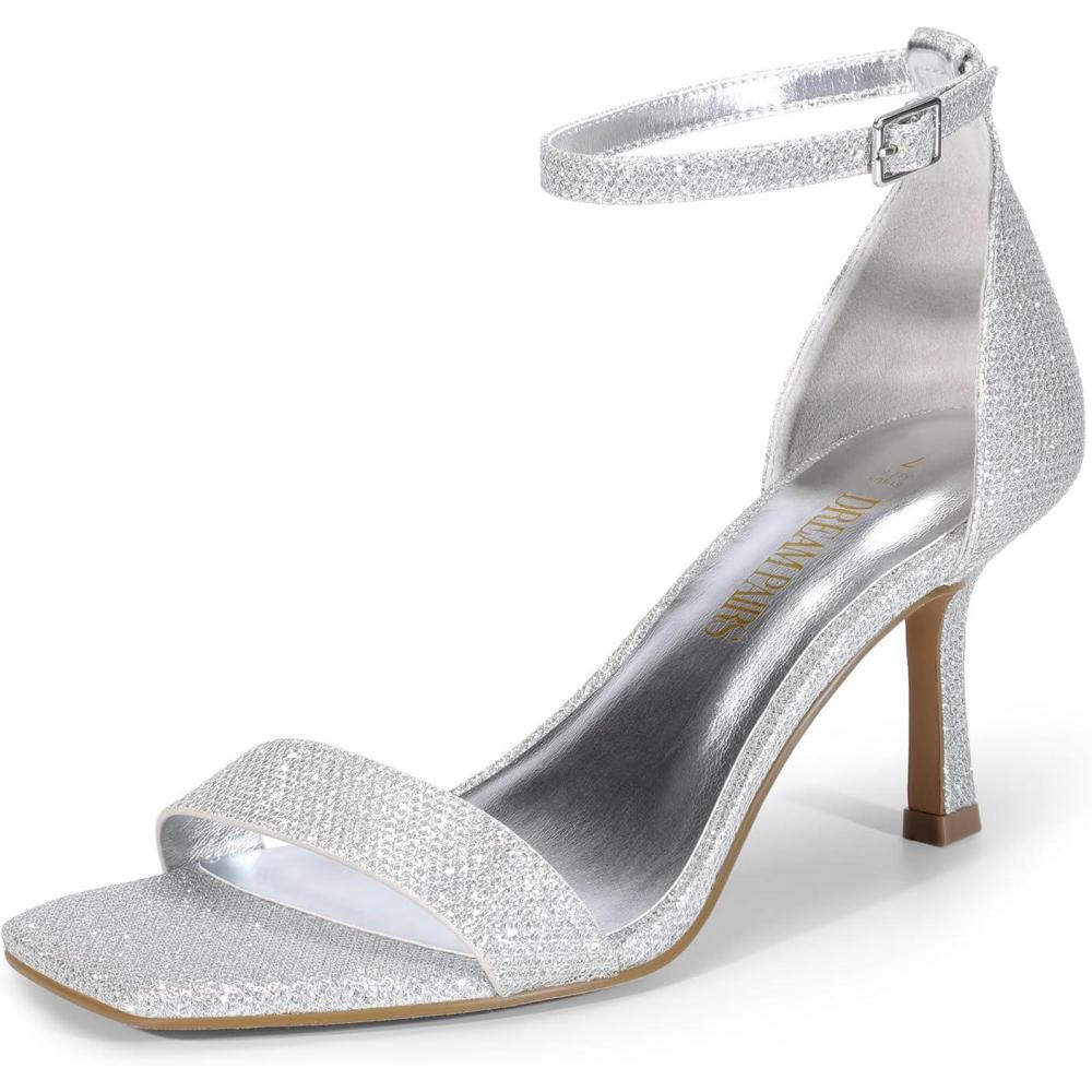 imageDREAM PAIRS Womens High Stilettos Open Square Toe Ankle Strap Heels Sexy Fashion Comfort Dress Shoes Wedding Bridal Pumps Heeled SandalsSilverglitter