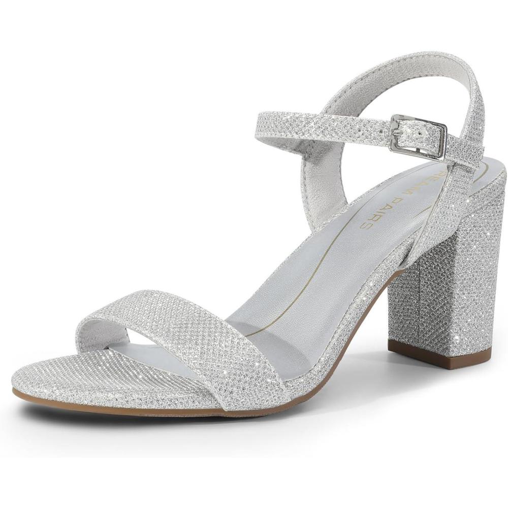 imageDREAM PAIRS Womens Low Heels Block Open Toe Ankle Strap Classic Short Chunky Sandals with Buckle for Daily Work Wedding PartySilverglitter