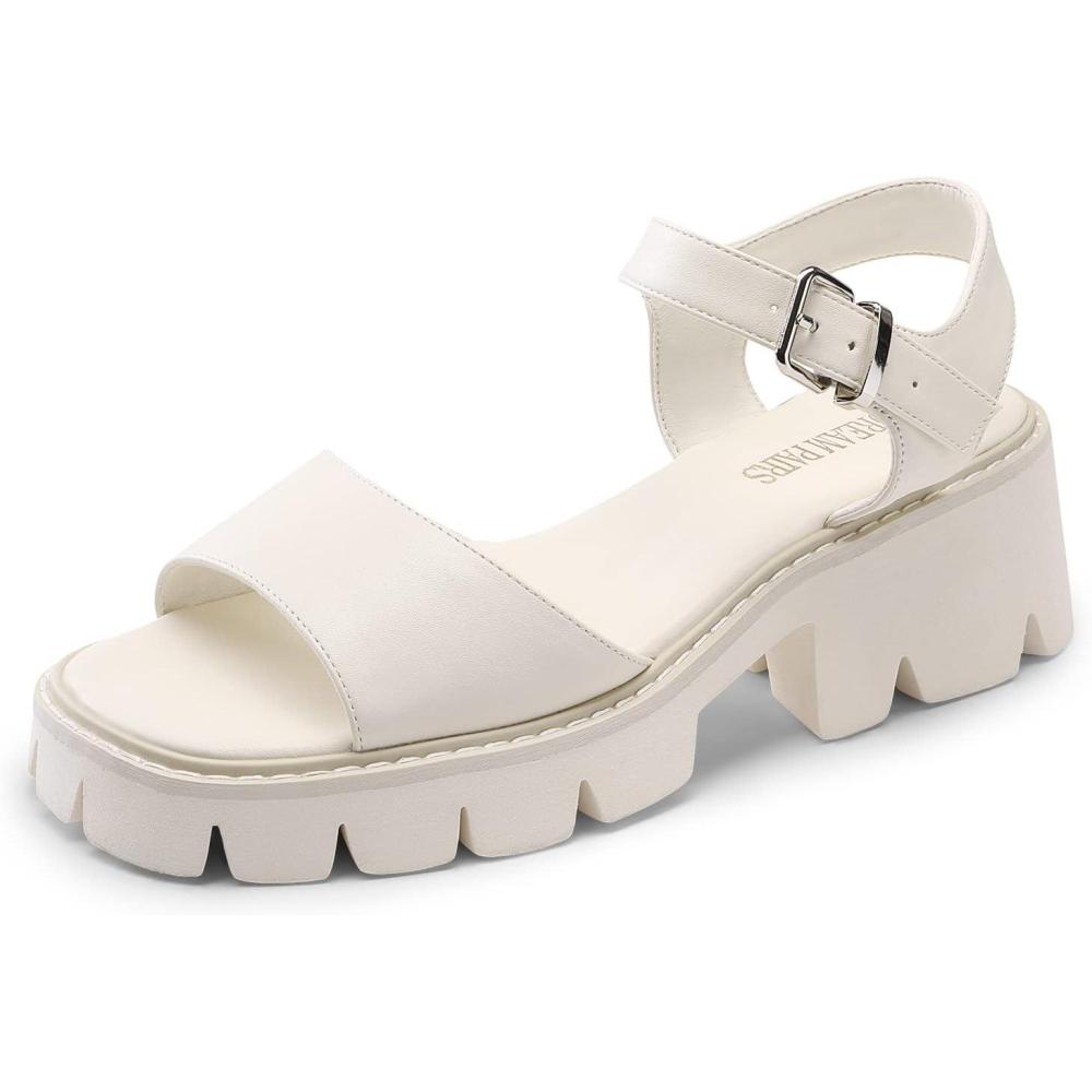 imageDREAM PAIRS Womens Lug Sole Low Platform Chunky Block Heels Square Toe Ankle Straps Sandals