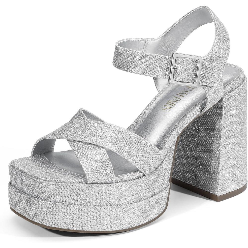 imageDREAM PAIRS Womens Platform Chunky Heels Square Open Toe Ankle Strap High Heeled Sandals Y2K Shoes for Party BrunchSilverglitter