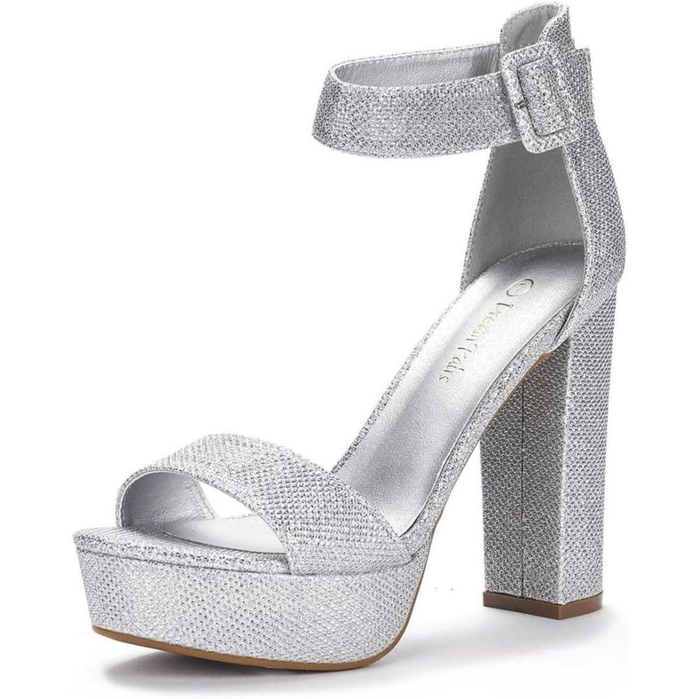 imageDREAM PAIRS Womens Platform Heel Sandals Open Toe Ankle Strap Heel Fashion Wedding Party Dress Sandals ShoesSilverGlitter