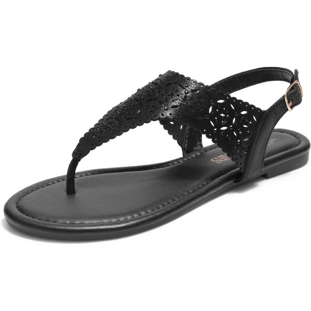 imageDREAM PAIRS Womens Rhinestone Casual Wear Cute Gladiator Flat Sandals Beach Dressy TStrap Thong SandalsAll Black