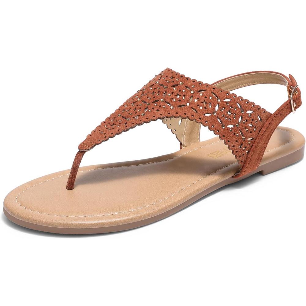 imageDREAM PAIRS Womens Rhinestone Casual Wear Cute Gladiator Flat Sandals Beach Dressy TStrap Thong SandalsBrownsuede