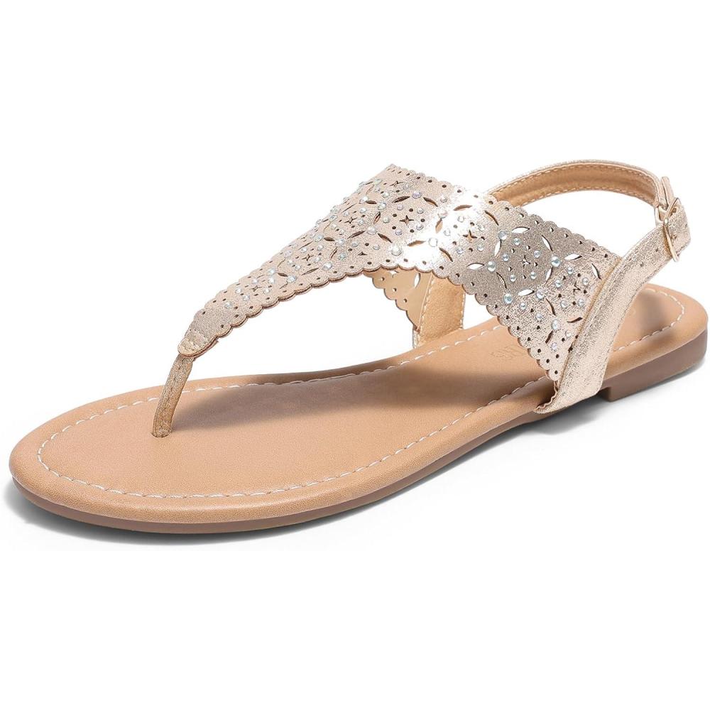 imageDREAM PAIRS Womens Rhinestone Casual Wear Cute Gladiator Flat Sandals Beach Dressy TStrap Thong SandalsGold