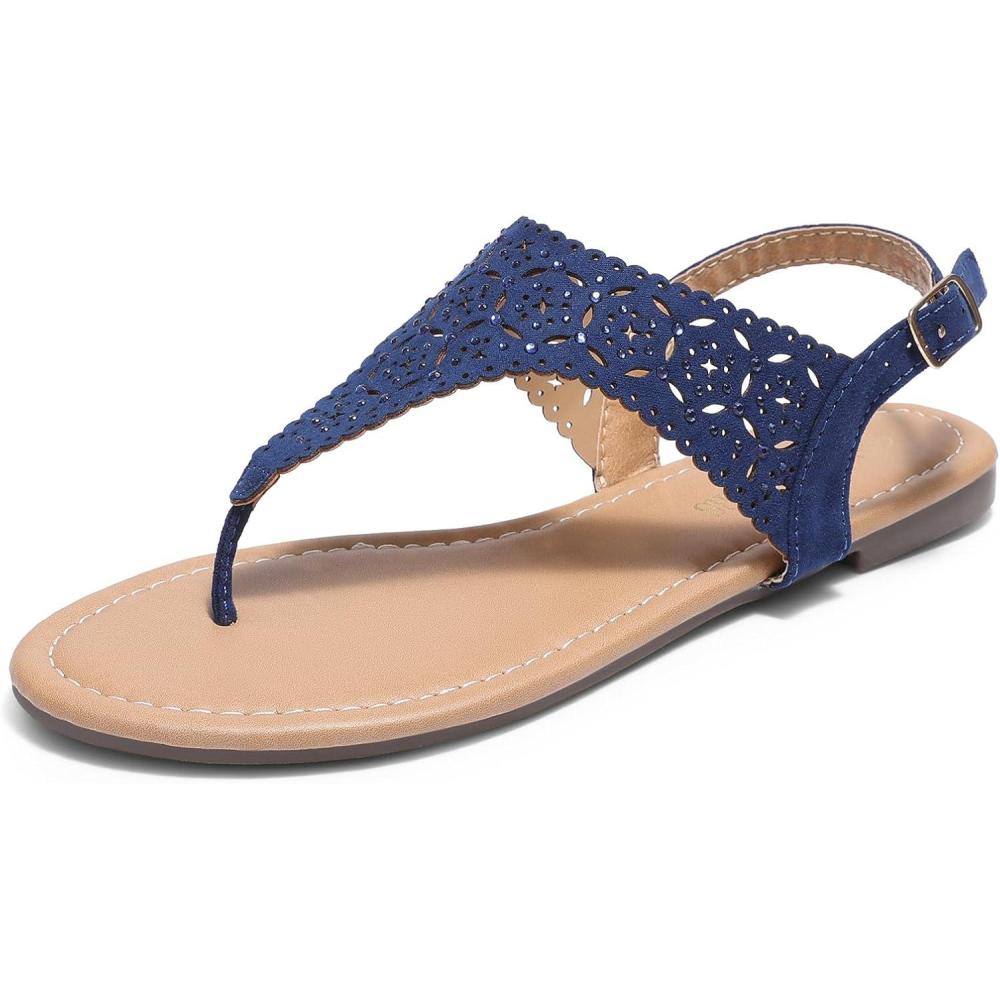 imageDREAM PAIRS Womens Rhinestone Casual Wear Cute Gladiator Flat Sandals Beach Dressy TStrap Thong SandalsNavy