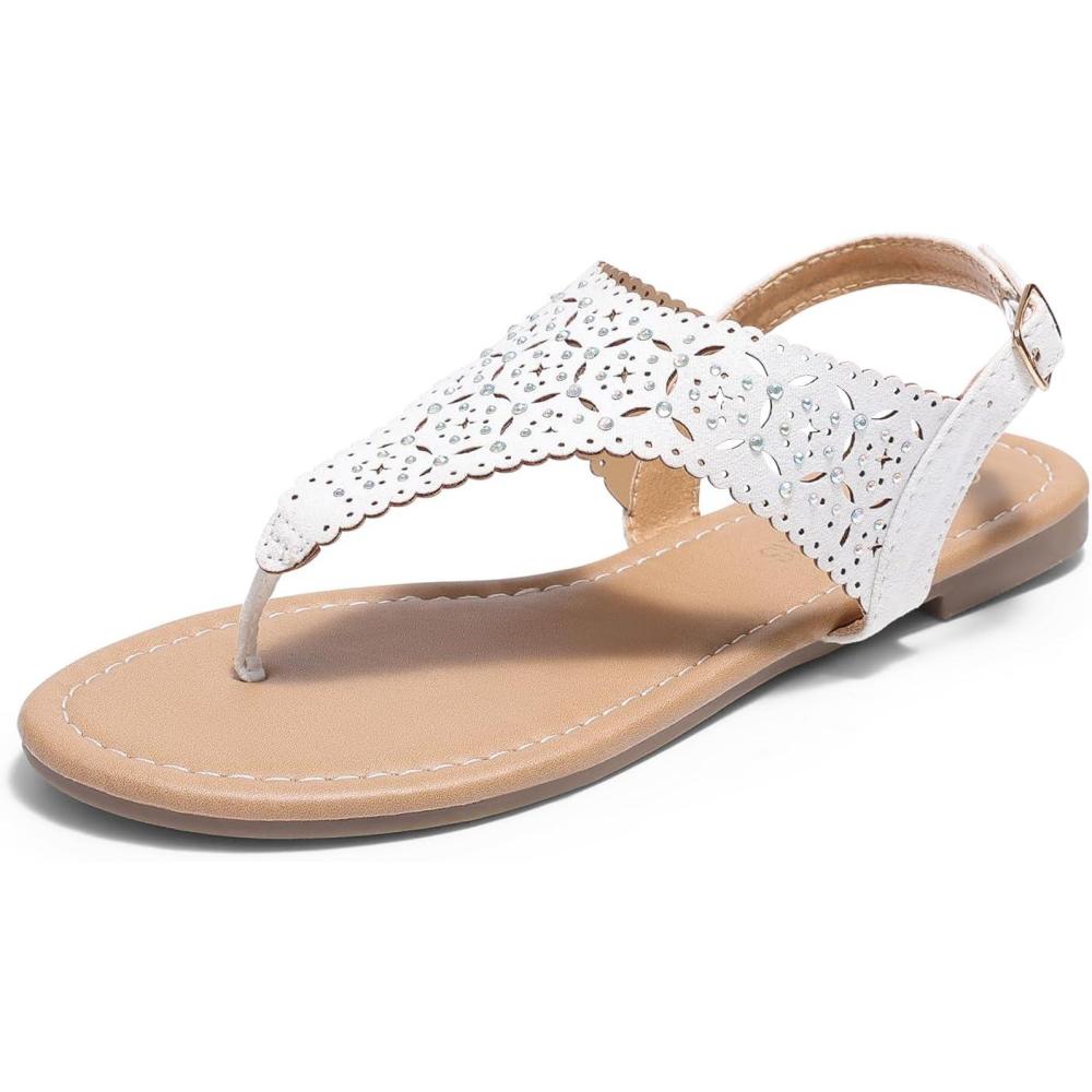 imageDREAM PAIRS Womens Rhinestone Casual Wear Cute Gladiator Flat Sandals Beach Dressy TStrap Thong SandalsWhite
