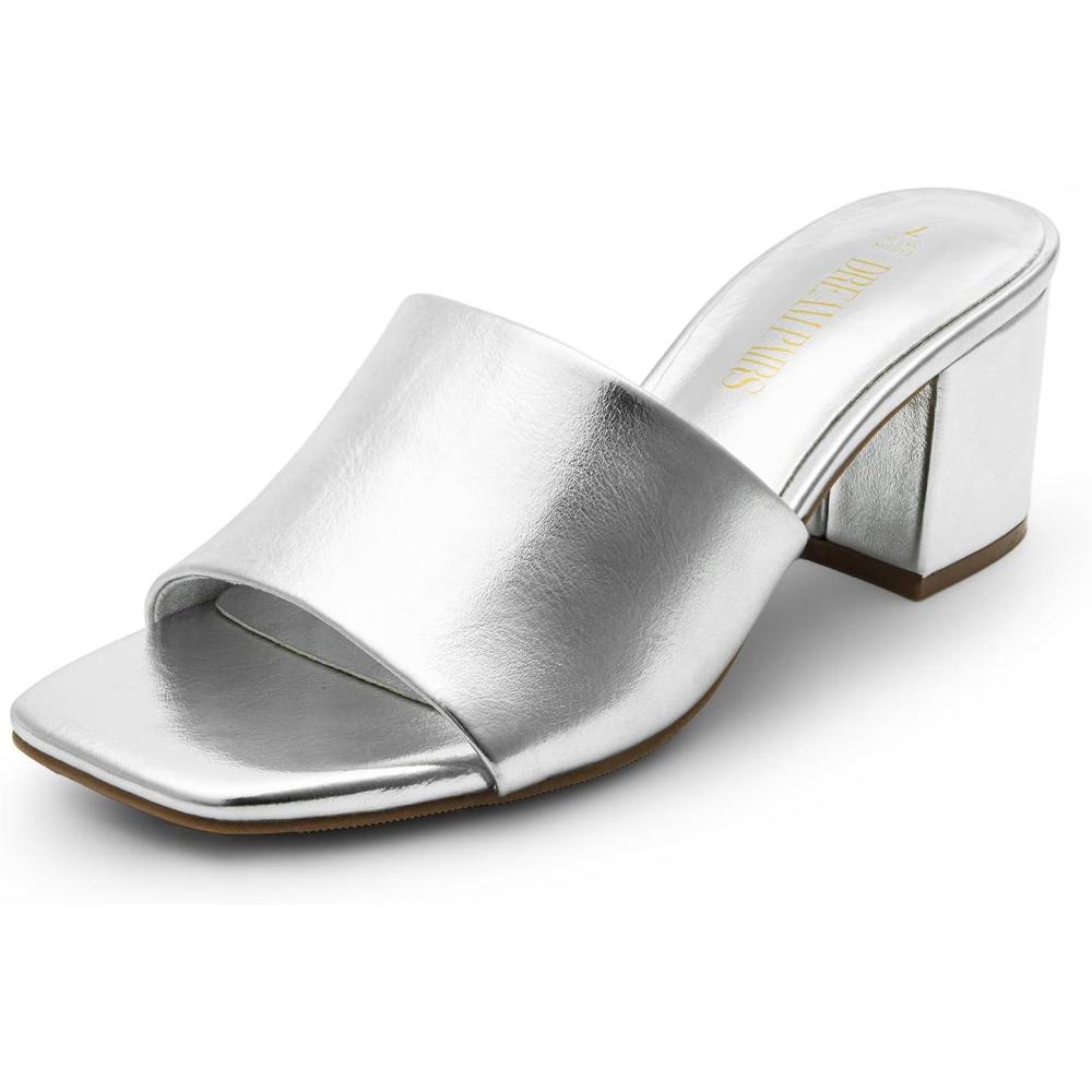 imageDREAM PAIRS Womens Square Open Toe Heels Sandals Low Block Chunky Heeled Sandals Slide Sandals Slip on Comfortable Casual Pumps ShoesSilverpu