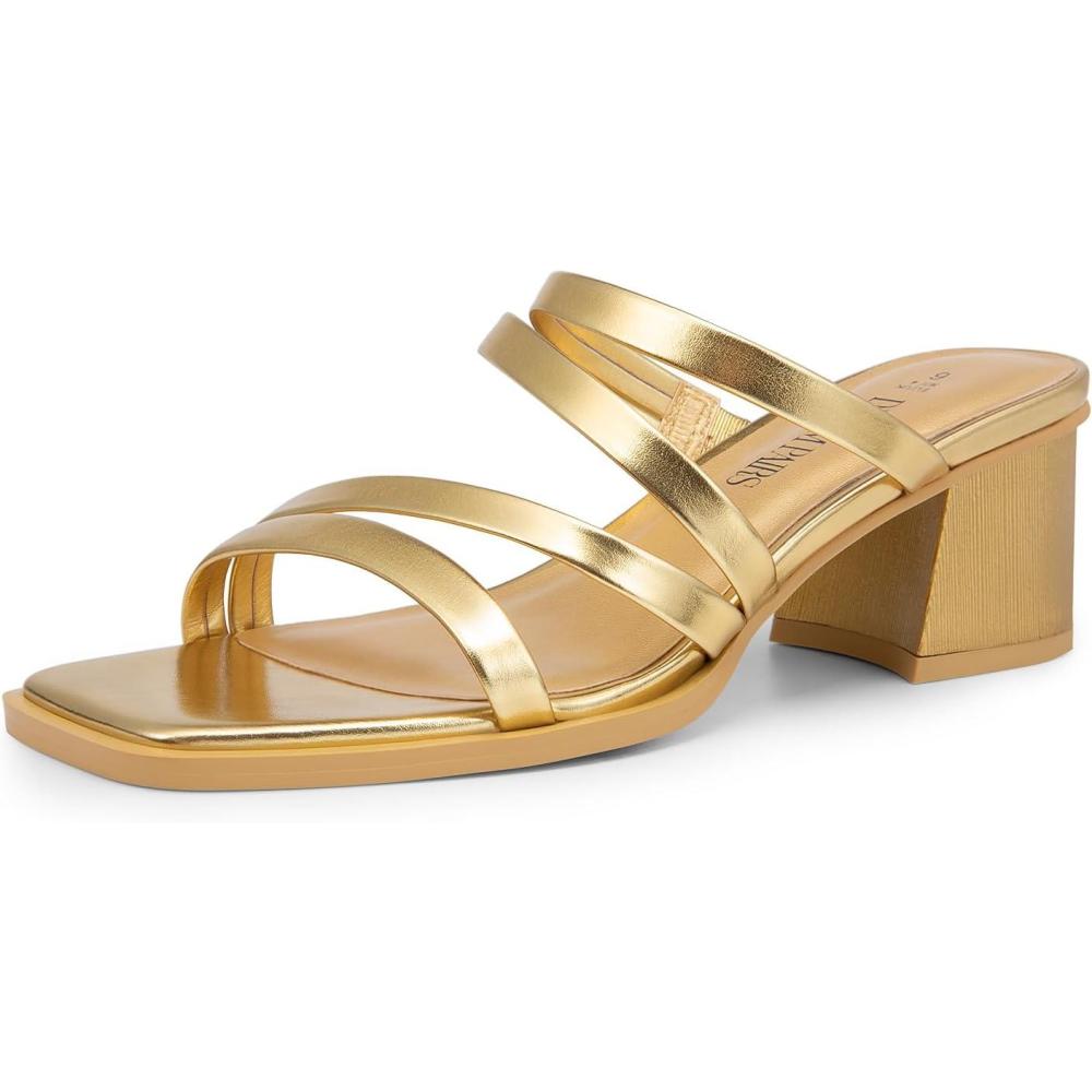 imageDREAM PAIRS Womens Strappy Heels Block Open Toe Low Heel Chunky Mules Sandals Dress ShoesGoldmetallic