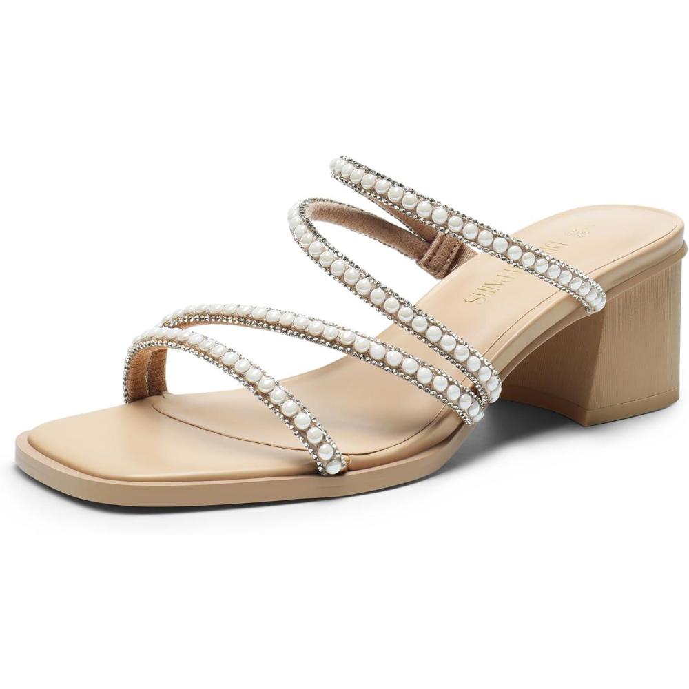 imageDREAM PAIRS Womens Strappy Heels Block Open Toe Low Heel Chunky Mules Sandals Dress ShoesNudepearl