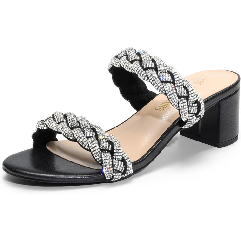 imageDREAM PAIRS Womens Two Braided Strap Low Heels for Women Open Toe Block Chunky Heels Sandals Holiday Party Wedding Dress Pumps ShoesBlackrhinestone