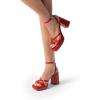 DREAM PAIRS Strappy Heels for Women Platform Chunky High 3-inch Heeled Sandals with Square Open Toe Ankle Buckle for Graduation Party Prom Daily Wedding(Red-pu)
