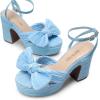 DREAM PAIRS Women’s Chunky Platform Heels Sandals Pleated Bow Knot Ankle Buckle Strap Heeled Sandals Open Toe Comfortable Wedding Party Dress Shoes(Blue)