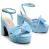 DREAM PAIRS Women’s Chunky Platform Heels Sandals Pleated Bow Knot Ankle Buckle Strap Heeled Sandals Open Toe Comfortable Wedding Party Dress Shoes(Blue)