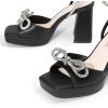 DREAM PAIRS Women’s Double Bowknots Platform Chunky Heels Rhinestone High Square Toe Dress Sandals for Wedding Bridal Party(Black-pu)