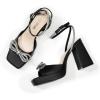 DREAM PAIRS Women’s Double Bowknots Platform Chunky Heels Rhinestone High Square Toe Dress Sandals for Wedding Bridal Party(Black-pu)